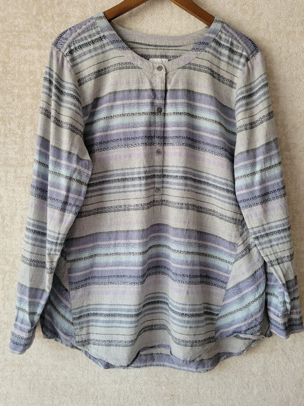 J. Jill Striped Cotton Popover Tunic Blouse Henley Shirt Gray Med Coastal Chic